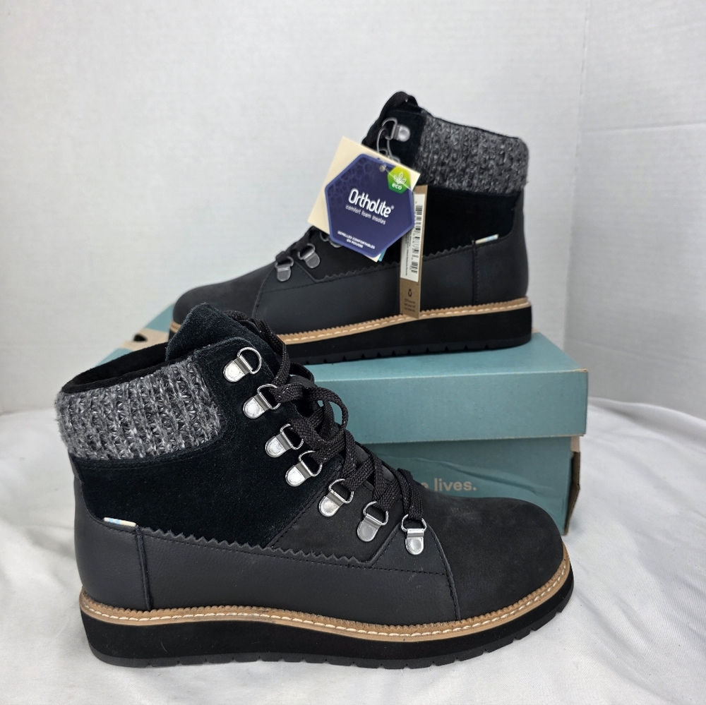 Toms Women Mesa Hiker Lace-up Ankle Boot Sz 6 Black Leather Waterproof 10015847